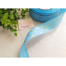 Лента репсовая 25 мм с тиснением "Сердечки", цвет голубой/золото